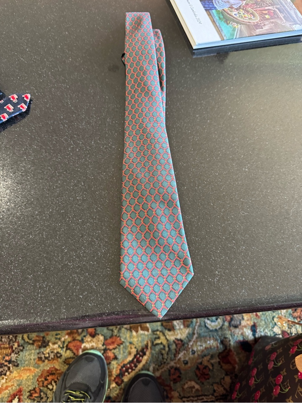 Hermes Teal and Coral Patterned Silk Tie